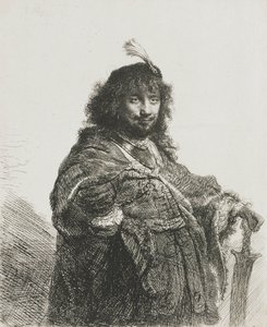 Zelfportret(?) met gevederde baret, leunend met hand op een zwaard, 1634